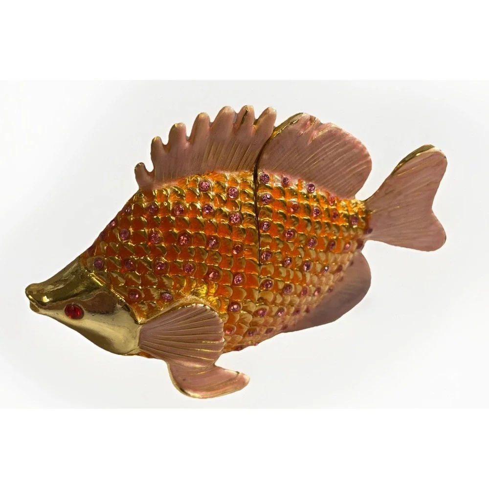 Pesci Austrian Crystal Jeweled Enameled Angel Fish Trinket Box Pink Gold‎ Orange